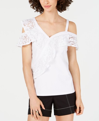 Lace ruffle cold shoulder top - lace,